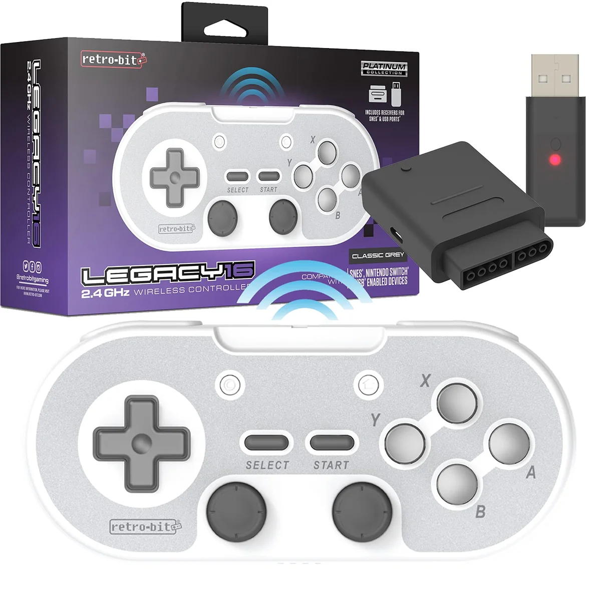 Control inalambrico 2.4 GHz Legacy16 para SNES, Switch y USB Gris.