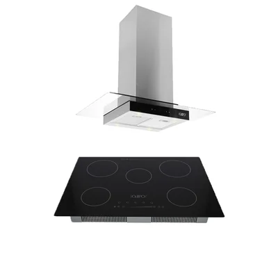 Campana de cocina de isla digital cristal recto 90cm Fordex + Parrilla eléctrica de inducción 5 quemadores 76cm Kelvin