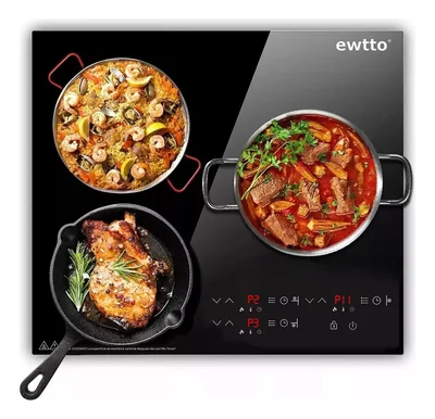 EWTTO Parrilla de Inducción Empotrable 3 Quemadores ET-H8006, Panel Táctil, Vidrio Negro y Alta Potencia