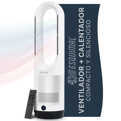 Ventilador Calentador 2 en 1 sin aspas,silencioso, oscilación 80°,temporizador y control remoto (Blanco) ESQUIMAL