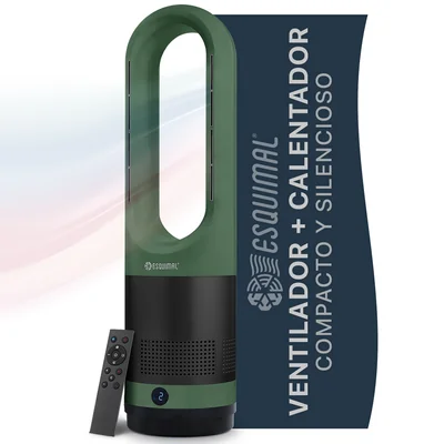 Ventilador Calentador 2 en 1 sin aspas,silencioso, oscilación 80°,temporizador y control remoto(Verde /Grafito).ESQUIMAL