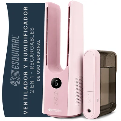 Ventilador Humidificador de Aire 2 en 1 Esquimal, Recargable, 9 Velocidades, pantalla LED (Rosa Peonia)