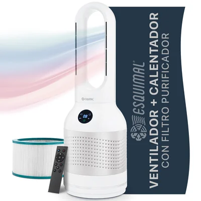 Ventilador Calentador sin Aspas y Purificador 3 en 1, Silencioso, Portátil, Oscilación 80° Chico Blanco.ESQUIMAL