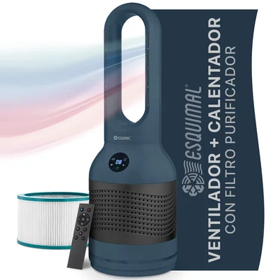 Ventilador Calentador sin Aspas y Purificador 3 en 1, Silencioso, Portátil, Oscilación 80° Chico Azul Marino.ESQUIMAL