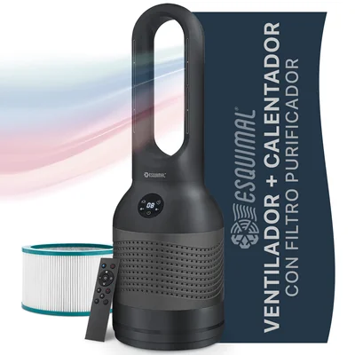 Ventilador Calentador sin Aspas y Purificador 3 en 1, Silencioso, Portátil, Oscilación 80° Gris.ESQUIMAL