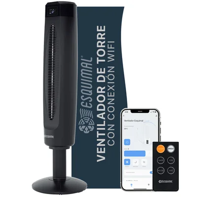 Ventilador de Torre con WiFi 102 cm Ionizador Inteligente Silencioso Pantalla LED con Temperatura Giratorio 80° ESQUIMAL