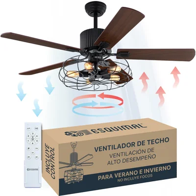 Ventilador de Techo con Luz 132 cm Abanico para Techo Lampara Función Reversible Aspas de Madera Temporizador ESQUIMAL