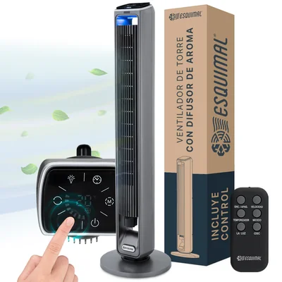 Ventilador de Torre 107cm con Difusor Aroma Silencioso Panel Táctil Abanico Temporizador Control Remoto Plata ESQUIMAL