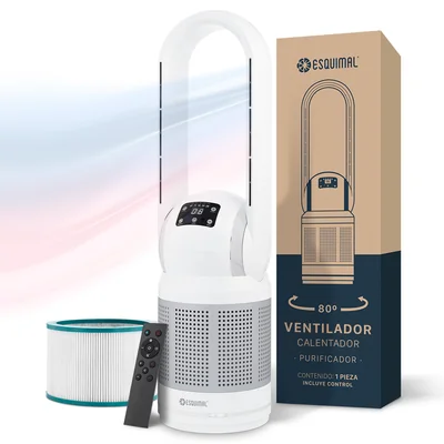 Ventilador sin Aspas Calentador y Purificador 3 en 1 Silencioso Portátil Oscilación 80° Mediano Plata/Blanco ESQUIMAL