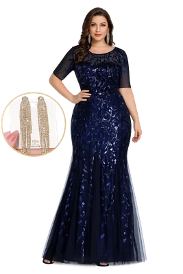 Vestido De Noche Talla Grande Con Lentejuelas Mujer  + Aretes largos colgantes con cristales dorados