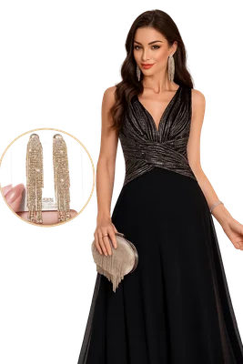 Vestido De Gasa Con Lentejuelas Mujer TALLA XL + Aretes largos colgantes con cristales dorados