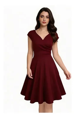 Vestido Corto Casual de Cóctel Guinda Vino con Escote en V y Falda Acampanada Skater Manga corta Moderlo