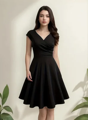 Vestido Corto Casual de Cóctel Negro con Escote en V y Falda Acampanada Skater Manga corta Moderlo