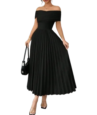 Vestido Largo de Fiesta Elegante Negro de Hombros Descubiertos con Falda Plisada