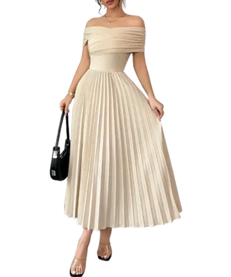 Vestido Largo de Fiesta Elegante Plisado Blanco con Hombros Descubiertos