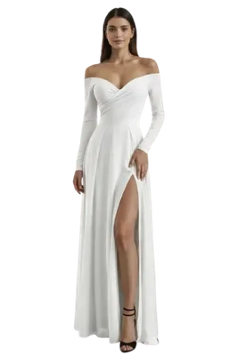 Vestido Largo Casual Elegante Fiesta Blanco Apertura en Pierna Tallas Spandex tela Stretch Manga Larga