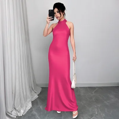 Vestido maxi de fiesta para mujer XALLY 2563 elegante y ajustado, sin mangas, cuello halter alto, espalda descubierta