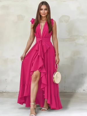 Vestido largo de fiesta con escote en V y volantes