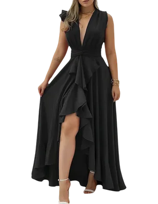 Vestido de Fiesta Largo Negro Casual con Escote Profundo y Volantes, Elegante con cinturón en la cintura sin manga