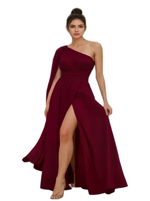 Vestido Largo Elegante Casual Fiesta Vino Guinda One Shoulder Vuelo en Hombro Apertura en Pierna Tallas Spandex Stretch