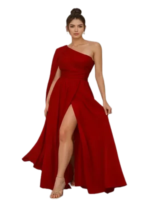 Vestido Largo Elegante Casual Fiesta Rojo One Shoulder Vuelo en Hombro Apertura en Pierna Tallas Spandex Stretch