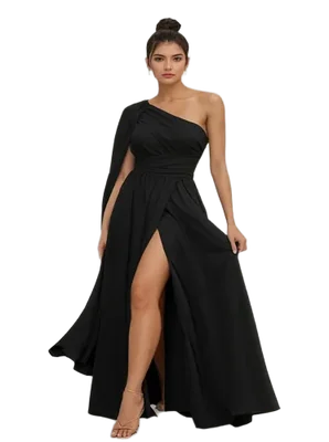 Vestido Largo Elegante Casual Fiesta Negro One Shoulder Vuelo en Hombro Apertura en Pierna Tallas Spandex Stretch