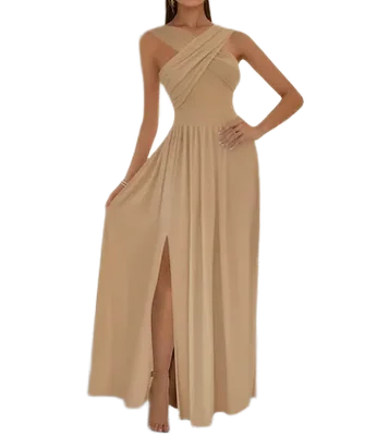Vestido Casual Maxivestido Beige Khaki Cruzado y Offshoulder con Abertura en pierna Suelto Preciosa Caida