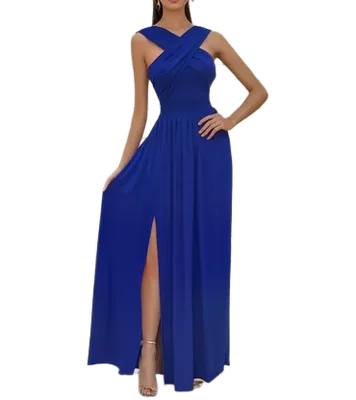 Vestido Casual Maxivestido Azul Rey Cruzado y Offshoulder con Abertura en pierna Suelto Preciosa Caida