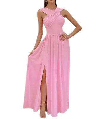 Vestido Casual Maxivestido Rosa claro Cruzado y Offshoulder con Abertura en pierna Suelto Preciosa Caida
