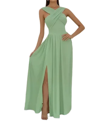 Vestido Casual Maxivestido Verde Jade Cruzado y Offshoulder con Abertura en pierna Suelto Preciosa Caida