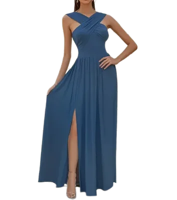 Vestido Casual Maxivestido Azul Acero Cruzado y Offshoulder con Abertura en pierna Suelto Preciosa Caida