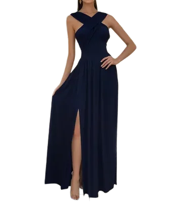 Vestido Casual Maxivestido Azul Marino Cruzado y Offshoulder con Abertura en pierna Suelto Preciosa Caida