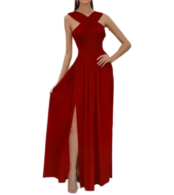 Vestido Casual Maxivestido Rojo Cruzado y Offshoulder con Abertura en pierna Suelto Preciosa Caida