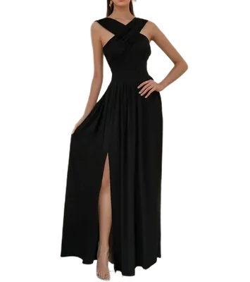 Vestido Casual Maxivestido Negro Cruzado y Offshoulder con Abertura en pierna Suelto Preciosa Caida