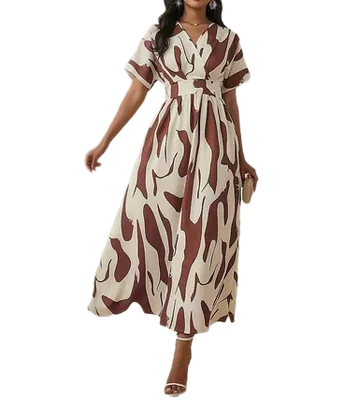 Vestido Estampado de Fiesta Cafe Blanco Bloques de color Maxivestido Casual Escote V Manga Corta