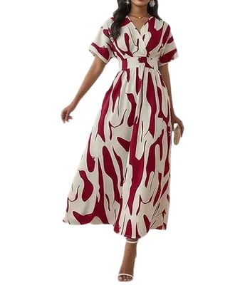 Vestido Estampado de Fiesta Rojo Blanco Bloques de color Maxivestido Casual Escote V Manga Corta