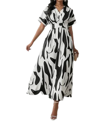 Vestido Estampado de Fiesta Negro Blanco Bloques de color Maxivestido Casual Escote V Manga Corta