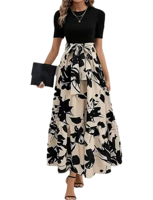 Vestido Estampado de Fiesta Negro Floreado Maxivestido Cintura Alta Casual Manga Corta