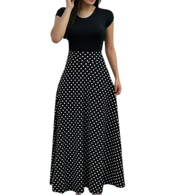 Vestido Estampado de Fiesta Negro Dots Bolas Blancas Maxivestido Casual Manga Corta