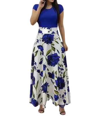 Vestido Estampado de Fiesta Azul Blanco Floreado Rosas Maxivestido Casual