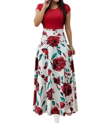 Vestido Estampado de Fiesta Rojo Blanco Floreado Rosas Maxivestido Casual