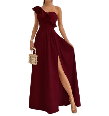 Vestido Largo Casual Fiesta Guinda Vino One Shoulder Apertura en Pierna y Olanes Tallas Spandex Stretch