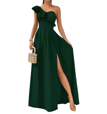 Vestido Largo Casual Fiesta Verde Esmeralda One Shoulder Apertura en Pierna y Olanes Tallas Spandex Stretch