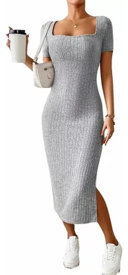 Vestido Largo Casual de Fiesta para Dama Mujer Estilo Minimalista Ajustado y Elegante para Noche Color Gris