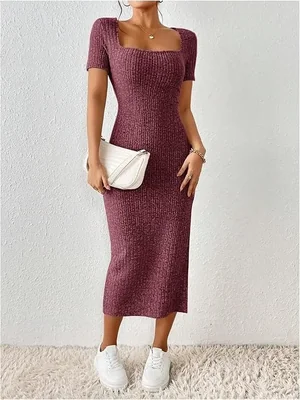 Vestido Largo Casual de Fiesta para Dama Mujer Estilo Minimalista Ajustado y Elegante para Noche Color Vino