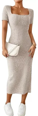 Vestido Largo Casual de Fiesta para Dama Mujer Estilo Minimalista Ajustado y Elegante para Noche Color Beige
