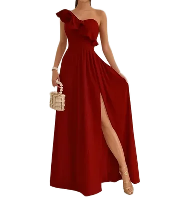 Vestido Largo Casual Fiesta Rojo One Shoulder Apertura en Pierna y Olanes Tallas Spandex Stretch