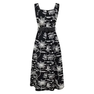 Vestido Corte Princesa con Bordado Floral y Cinturón para Mujer City Femme