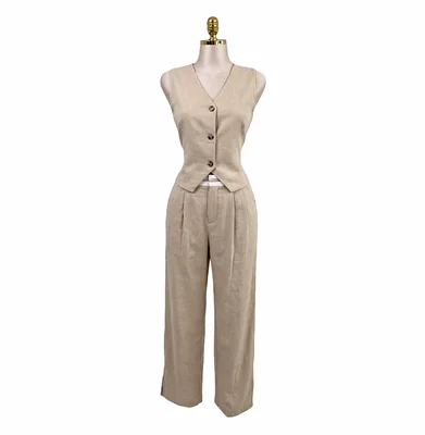 Conjunto Saco Sin Manga/Pantalón Lino 2 Pzs Beige LC
