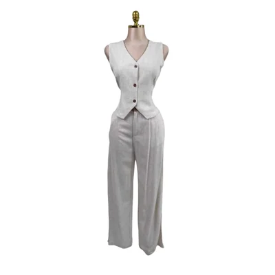 Conjunto Saco Sin Manga/Pantalón Lino 2 Pzs Ivory LC